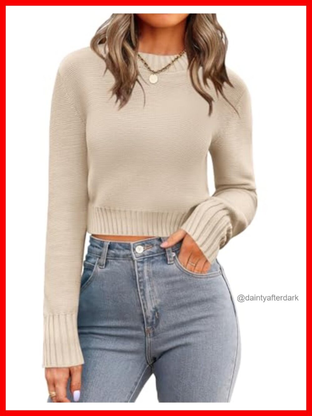 Cropped Crewneck Long Sleeve Ribbed Knit Pullover Sweater